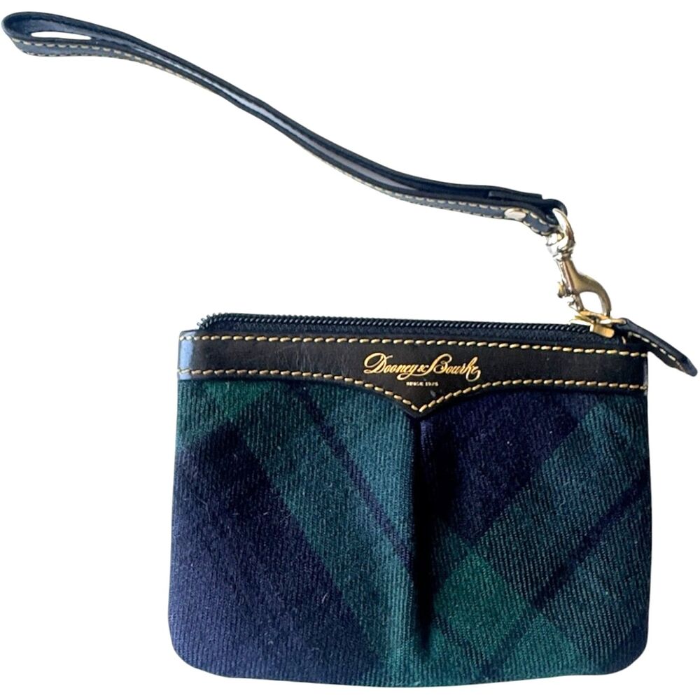 Dooney & Bourke Vintage Tartan Plaid Green Blue Fabric Leather Wristlet